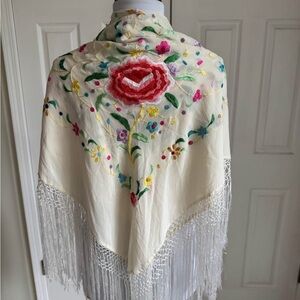Silk Floral Embroidered Cream Scarf with Fringe